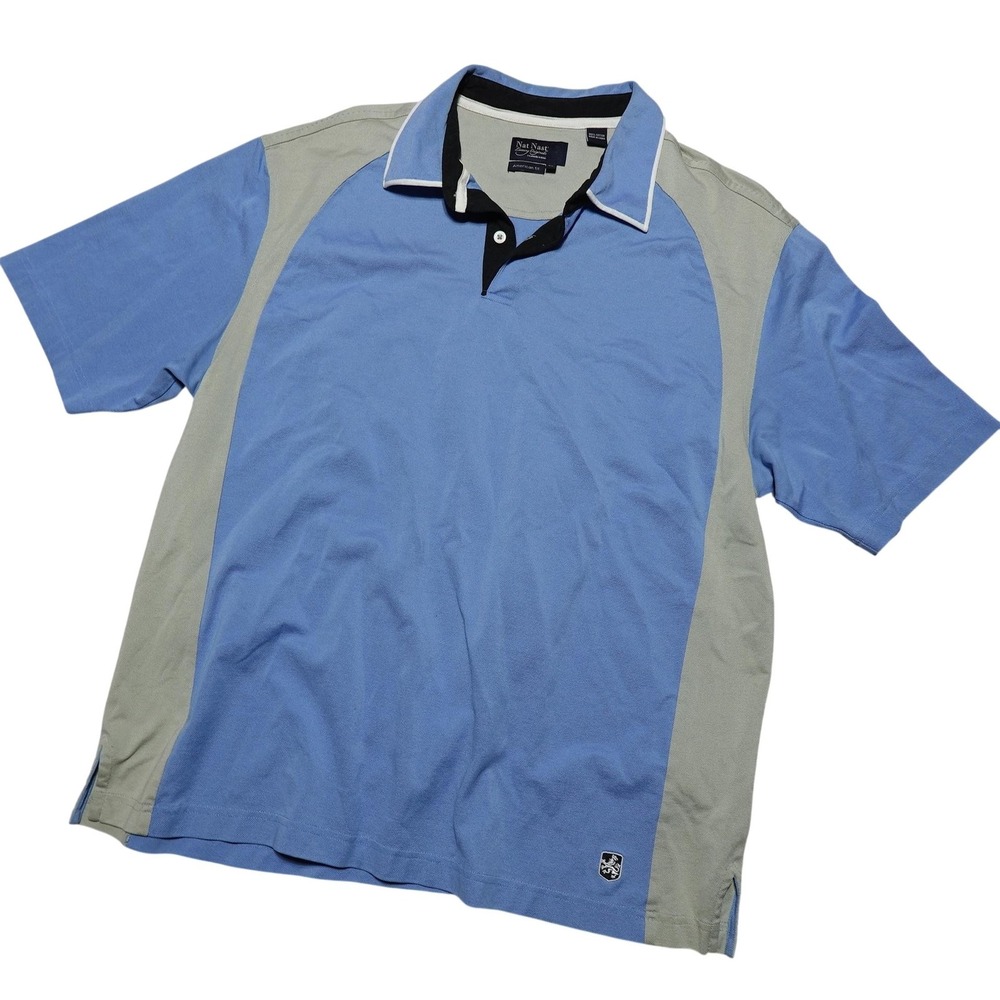 Nat Nast Polo Shirt Mens XL Blue Colorblock 100% Cotton Crest Logo Casual
